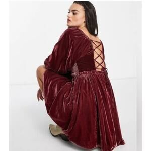 Free People Daphne Velvet Babydoll Dress. Smocked Renaissance Whimsigoth-Sz L